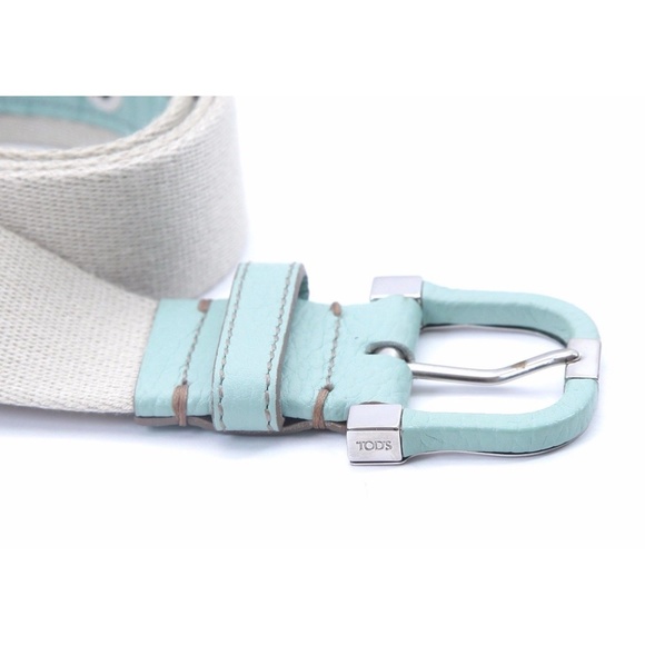 TOD\'S Belt Canvas Leather Green Silver HW Belt Khaki Beige Stitching